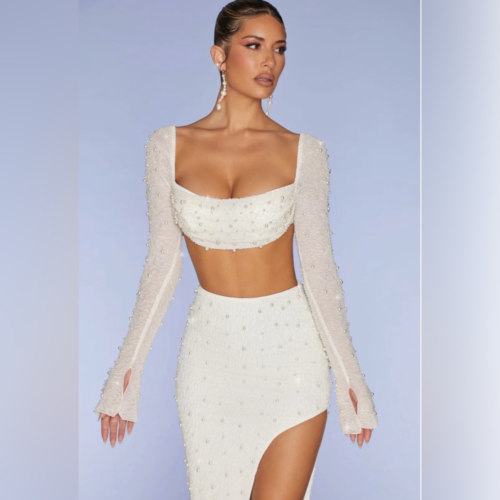 Princess Polly LA DÉSIRADE Embellished Cowl Neck Crop Top and Skirt in Ivory
